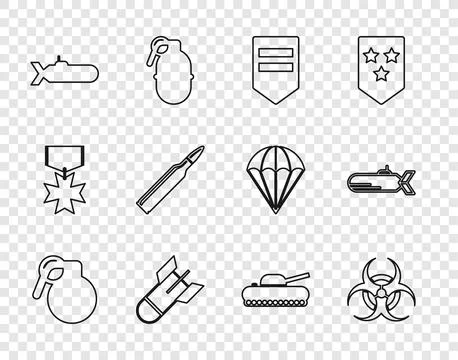 Set line Hand grenade, Biohazard symbol, Chevron, Aviation bomb, Submarine,.. Stock Illustration