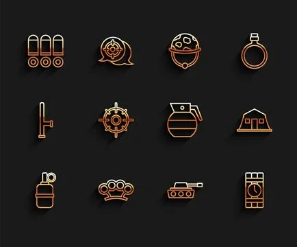 Set line Hand grenade, Brass knuckles, Bullet, Military tank, Dynamite timer Stock Illustration