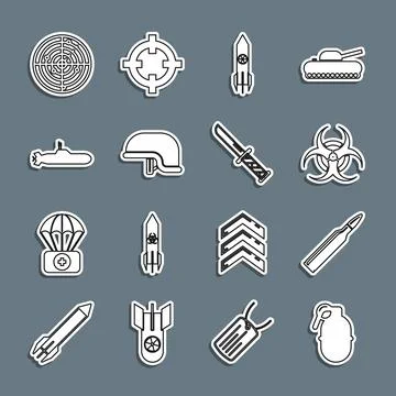 Set line Hand grenade, Bullet, Biohazard symbol, Nuclear rocket, Military helmet Stock Illustration