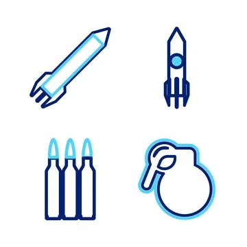 Set line Hand grenade, Bullet, Nuclear rocket and Rocket icon. Vector Stock Illustration