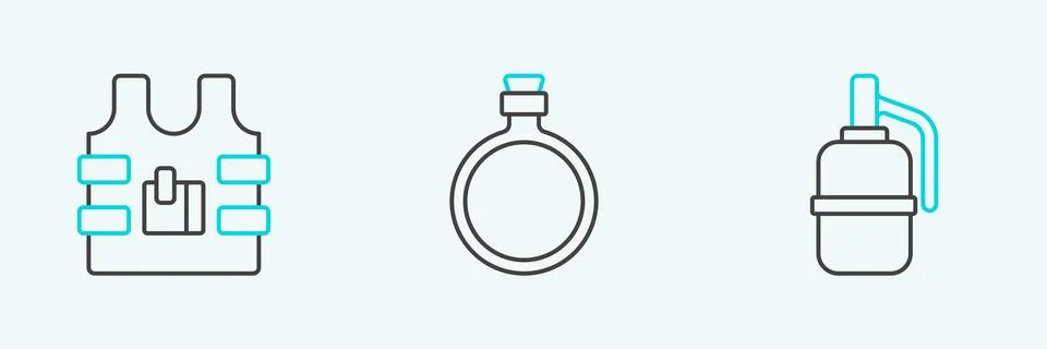 Set line Hand grenade, Bulletproof vest and Canteen water bottle icon. Vector Stock Illustration