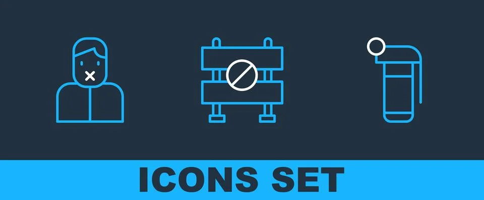 Set line Hand grenade, Censor freedom of speech and Road barrier icon. Vector Illustrazione stock