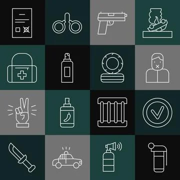 Set line Hand grenade, Check mark in round, Censor freedom of speech, Pistol gun Stock Illustration