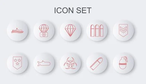 Set line Hand grenade, Chevron, Parachute, Bullet, Submarine, with first aid kit Stock Illustration