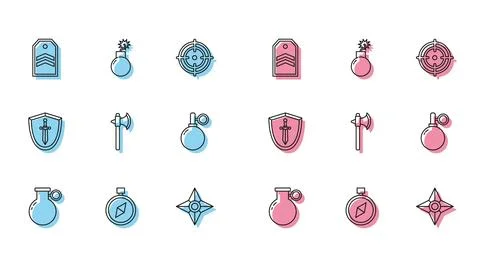 Set line Hand grenade, Compass, Chevron, Japanese ninja shuriken, Medieval .. Stock Illustration