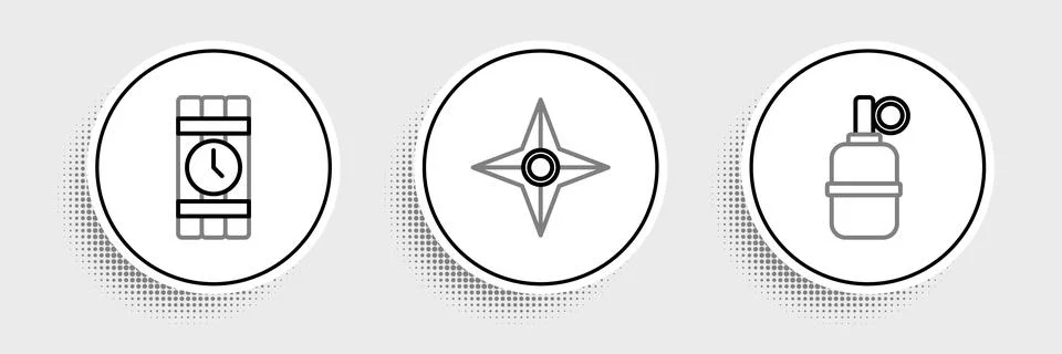 Set line Hand grenade, Dynamite timer clock and Japanese ninja shuriken icon. 스톡 일러스트