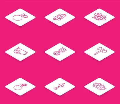 Set line Hand grenade, dynamite stick timer clock, Medieval shield with crossed Stock Illustration