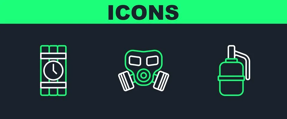 Set line Hand grenade, Dynamite timer clock and Gas mask icon. Vector イラスト素材