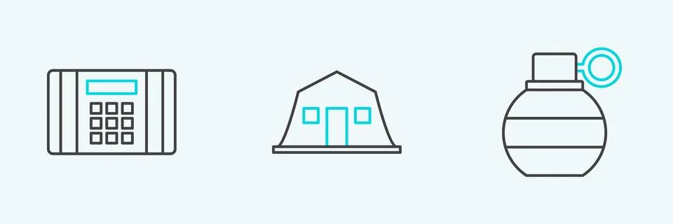Set line Hand grenade, Dynamite bomb and Military barracks icon. Vector Stock Illustration