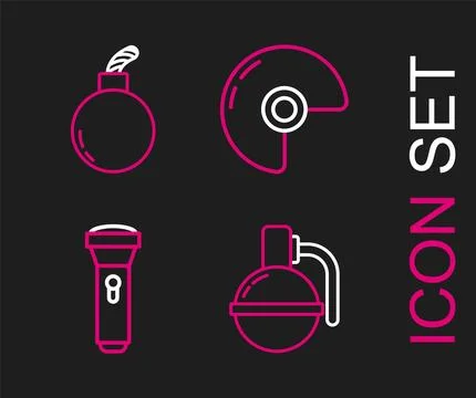 Set line Hand grenade, Flashlight, Military helmet and Bomb ready to explode Stock Illustration