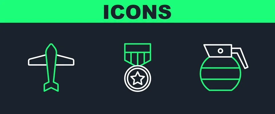 Set line Hand grenade, Jet fighter and Military reward medal icon. Vector Stock Illustration