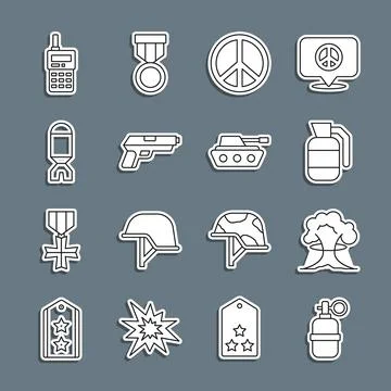 Set line Hand grenade, Nuclear explosion, Peace, Pistol or gun, Rocket launcher Illustrazione stock