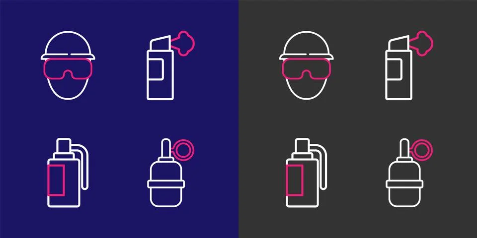 Set line Hand grenade, Pepper spray and Special forces soldier icon. Vector Illustrazione stock