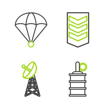 Set line Hand grenade, Radar, Military rank and Parachute icon. Vector Stock Illustration