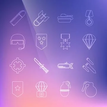 Set line Hand grenade, Rocket, Parachute, Military tank, Chevron, helmet, Bullet Illustrazione stock