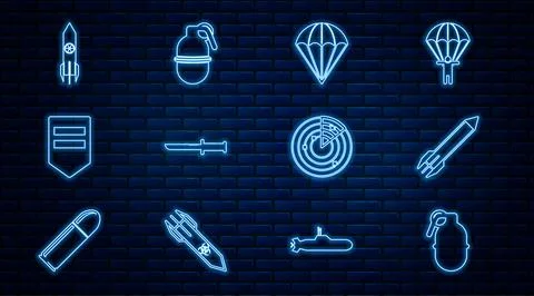 Set line Hand grenade, Rocket, Parachute, Military knife, Chevron, Nuclear Stock Illustration