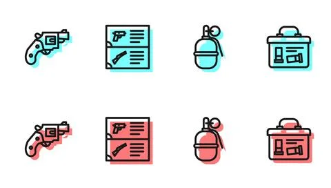 Set line Hand grenade, Small gun revolver, Weapon catalog and Military Stock-Illustration