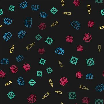 Set line Hand grenade, Target sport, Bullet and Gas mask on seamless pattern Illustrazione stock