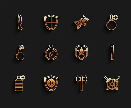 Set line Hand grenade, Target sport, Military knife, Medieval axe, Wooden s.. Stock Illustration