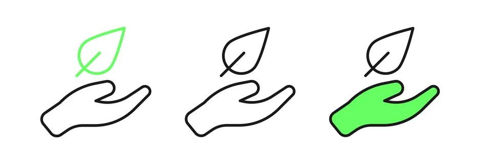 Set line Hand hold a leaf of the plant icon isolated on white background. C.. Stock Illustration