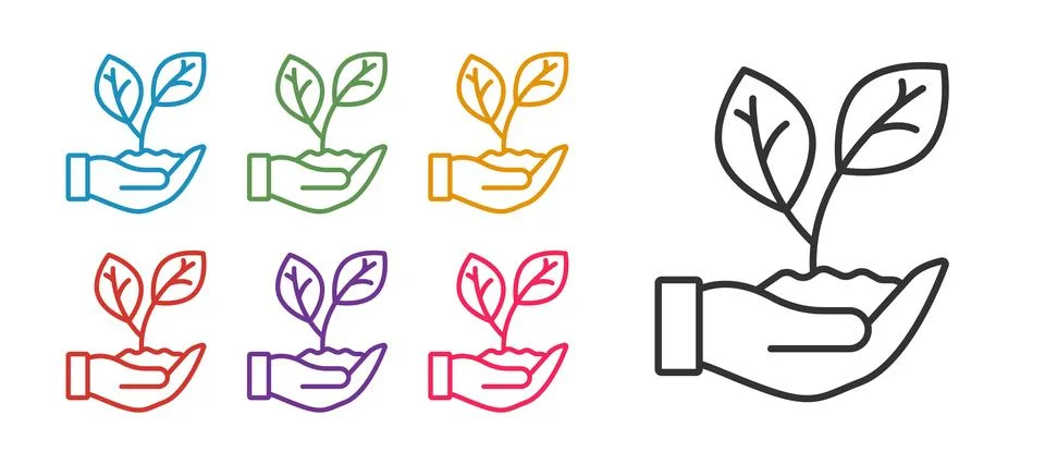 Set line Hand hold a leaf of the plant icon isolated on white background. C.. Stock Illustration