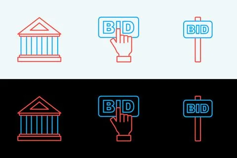 Set line Hand holding auction paddle, Museum building and Bid icon. Vector Ilustración de archivo