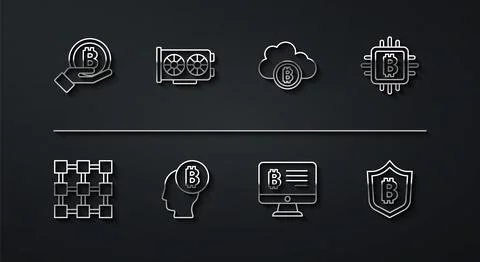 Set line Hand holding Bitcoin, Blockchain technology, CPU mining farm, Mining 스톡 일러스트