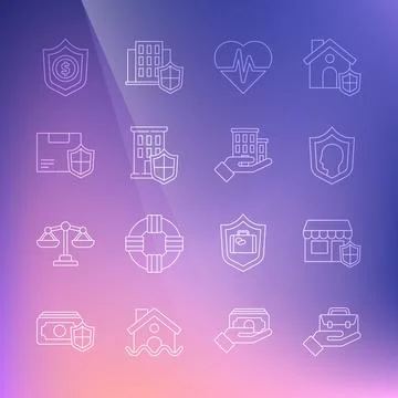 Set line Hand holding briefcase, Shopping building with shield, Life insurance Ilustração Stock