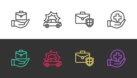Set line Hand holding briefcase, Car accident, Briefcase with shield and Life Stock Illustration