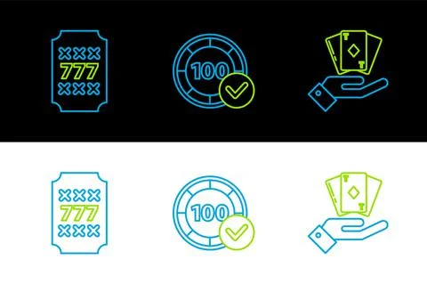 Set line Hand holding deck of playing cards, Slot machine with lucky sevens Stock Illustration