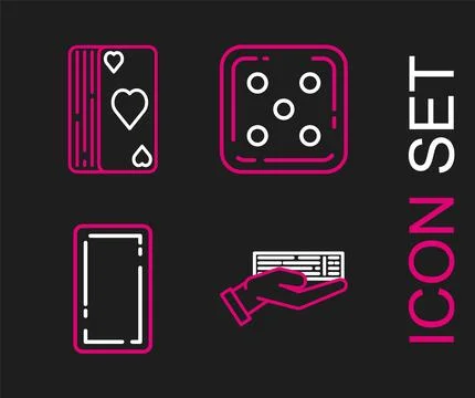 Set line Hand holding deck of playing cards, Playing back, Game dice and De.. Stock Illustration