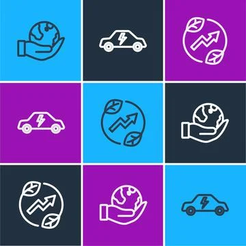 Set line Hand holding Earth globe, Electric saving plug leaf and car icon Stock Illustration