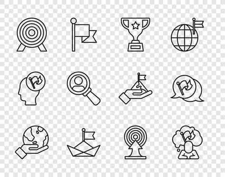 Set line Hand holding Earth globe, Man flag, Award cup, Folded paper boat, .. Stock Illustration
