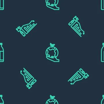 Set line Hand holding Earth globe, Ecology infographic and Lotion cosmetic tu Ilustração Stock