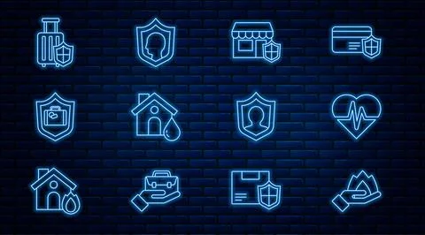 Set line Hand holding a fire, Health insurance, Shopping building with shield Ilustración de archivo
