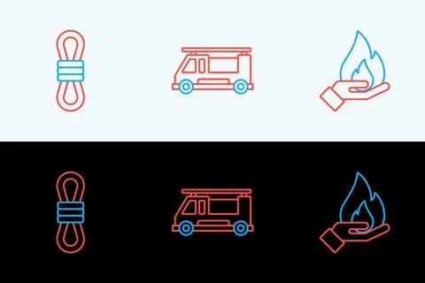 Set line Hand holding a fire, Climber rope and Fire truck icon. Vector 스톡 일러스트
