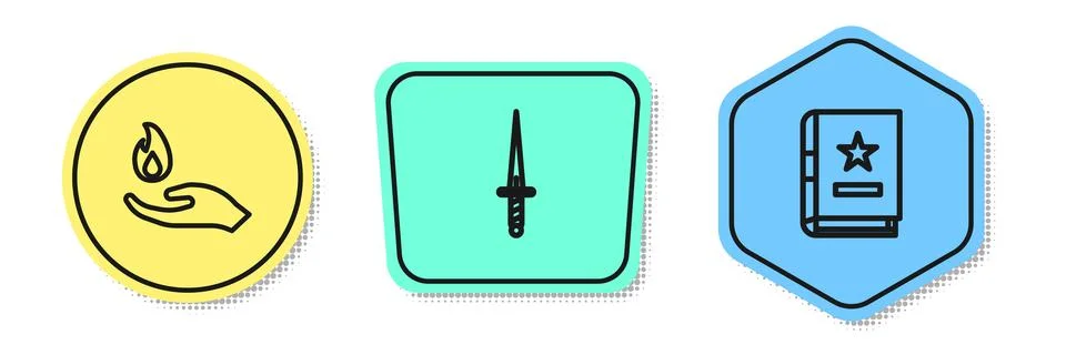 Set line Hand holding a fire, Dagger and Ancient magic book. Colored shapes.  Stock Illustration