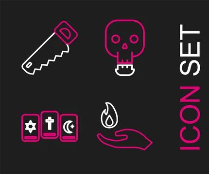 Set line Hand holding a fire, Three tarot cards, Skull and saw icon. Vector Stock Illustration