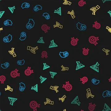 Set line Hand holding flag, Mountains with, and Medal on seamless pattern Illustrazione stock