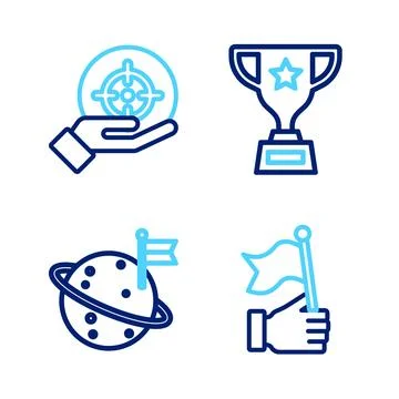 Set line Hand holding flag, Moon with, Award cup and Target icon. Vector Stock Illustration