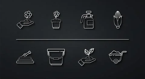 Set line Hand holding flower, Garden hose or fire hose, Corn, Plant hand of Illustration