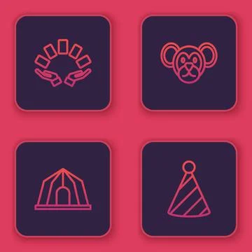 Set line Hand holding playing cards, Circus tent, Monkey and Party hat. Blue Illustrazione stock