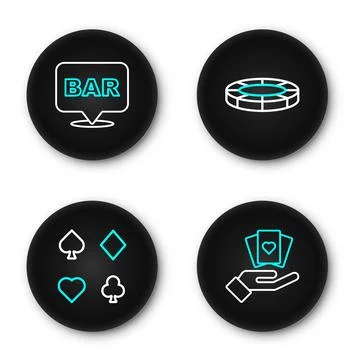 Set line Hand holding playing cards, Deck of, Casino chips and Alcohol bar .. Stock Illustration