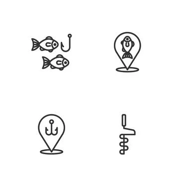 Set line Hand ice drill, Fishing hook, with fish and Location fishing icon Stock-Illustration