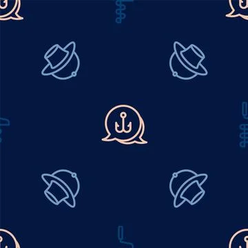 Set line Hand ice drill, Fisherman hat and Fishing hook on seamless pattern Stock Illustration