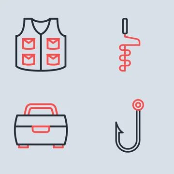 Set line Hand ice drill, Fishing hook, Fisherman and jacket icon. Vector Stock Illustration