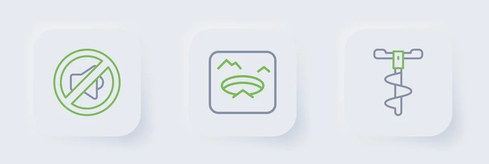 Set line Hand ice drill, Winter fishing and Speaker mute icon. Vector Stock Illustration