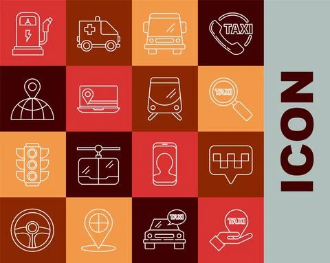 Set line Hand on map pointer with taxi, Map, Magnifying glass car, Car, Laptop 스톡 일러스트