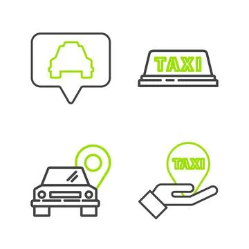 Set line Hand on map pointer with taxi, Map, Taxi car roof and icon. Vector イラスト素材