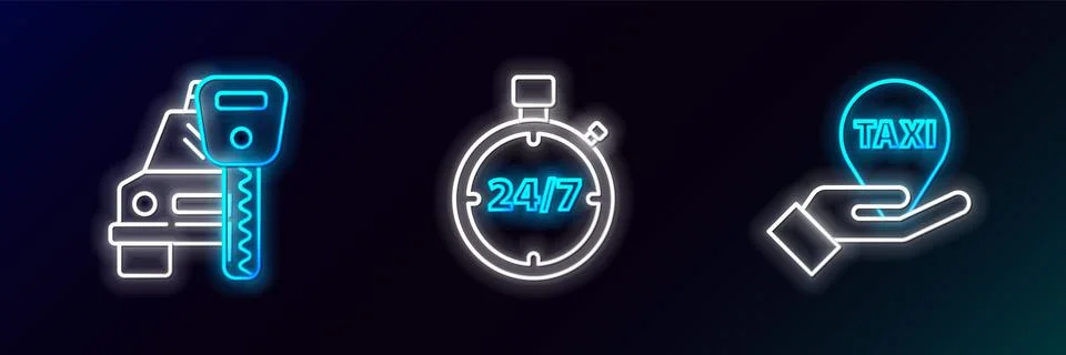 Set line Hand on map pointer with taxi, Car rental and Stopwatch 24 hours icon 스톡 일러스트
